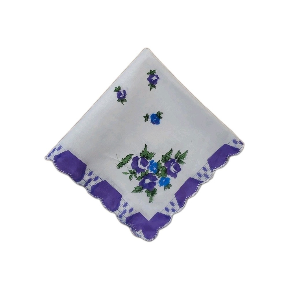 Linen Purple Rose Floral‎ Handkerchief Scalloped Cottage Core Bridesmaid Granny